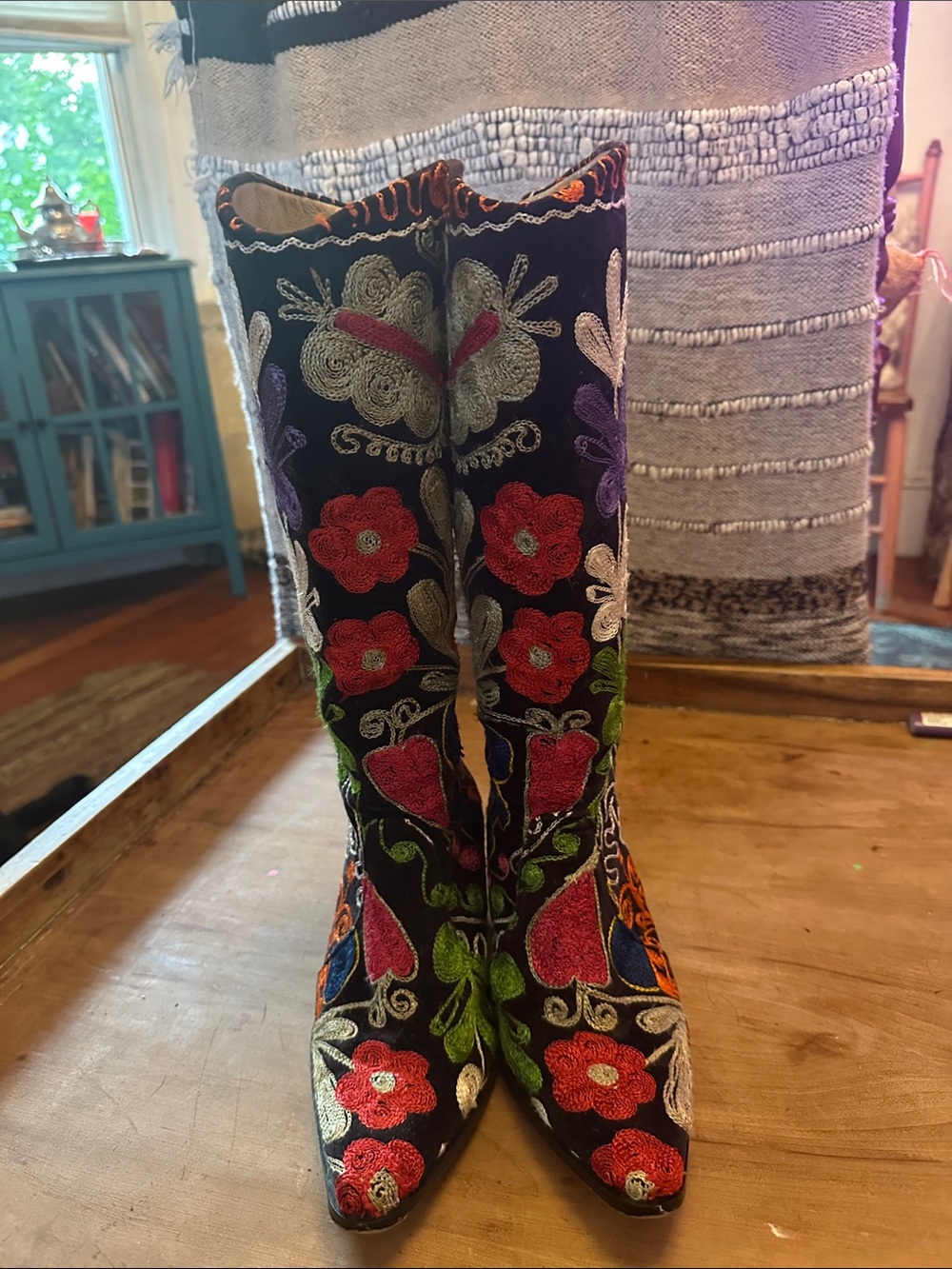 Black Embroidered Floral Knee Boots - Women's Statement Heeled Boots